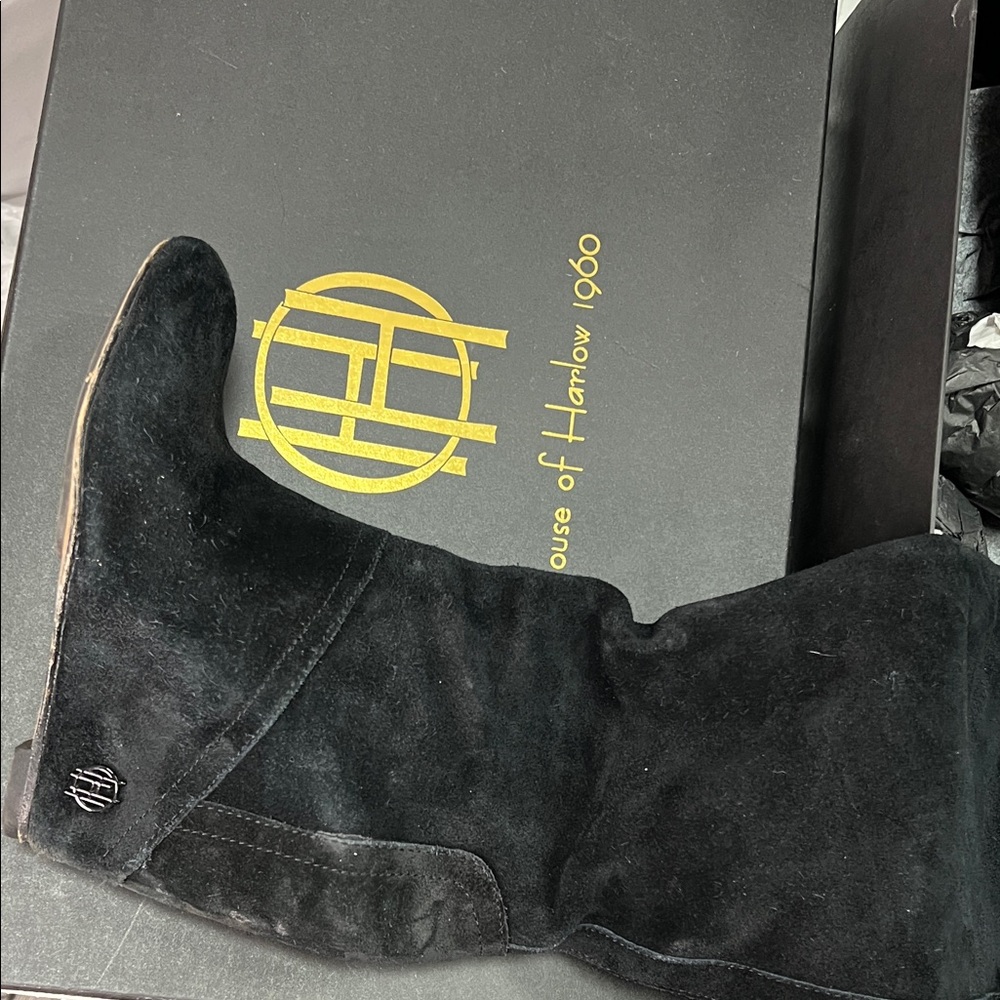 House of Harlow 1960 Black Suede Boots with Gold Logo
